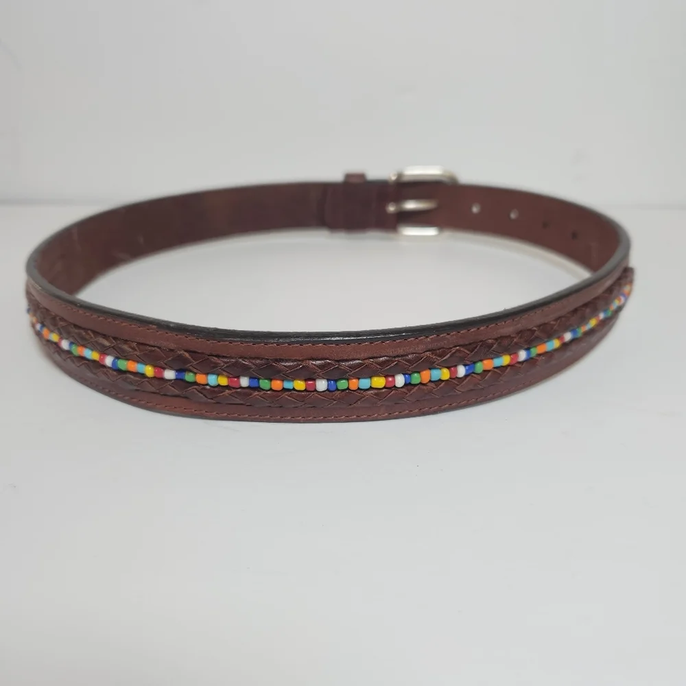 Vintage FOSSIL Beaded Leather Belt Small Brass Buckle | Multicolor Seed Beads